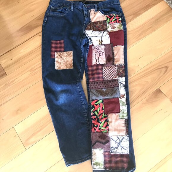 Upcycled Southwest Patchwork Jeans, Women’s 12P: Handmade Aztec Tribal Patches - Picture 8 of 12